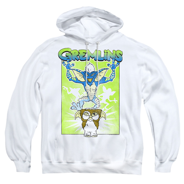 White pullover hoodie with Gremlins Be Afraid graphic
