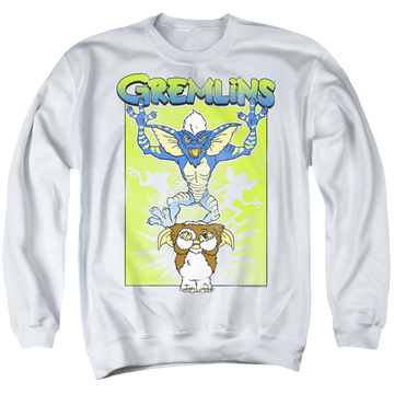 White men's crewneck sweatshirt with Gremlins Be Afraid graphic
