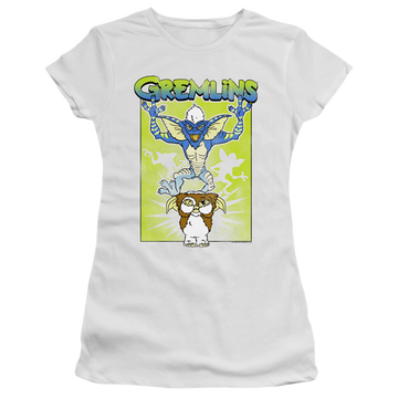 White juniors t-shirt with Gremlins Be Afraid graphic