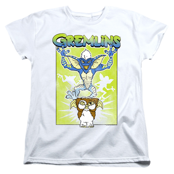 White women's t-shirt with Gremlins Be Afraid graphic