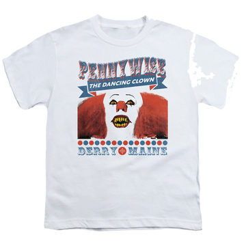 White youth t-shirt for ages 8 to 12 with IT TV Miniseries The Dancing Clown graphic