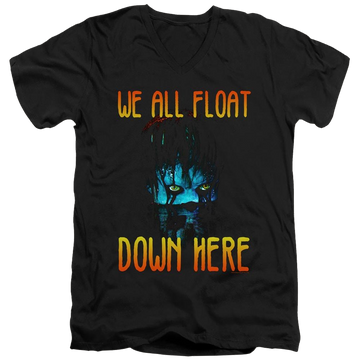 Black men's v-neck t-shirt with IT We All Float Down Here graphic