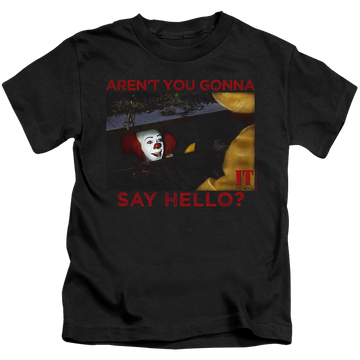 Black kid's t-shirt for ages 4 to 7 with IT TV Miniseries Hello graphic