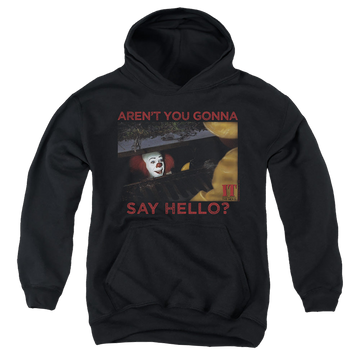 Black youth hoodie for ages 8 to 12 with IT TV Miniseries Hello graphic