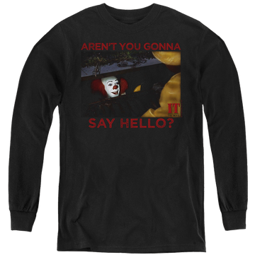 Black youth long sleeve t-shirt with IT TV Miniseries Hello graphic