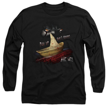 Black men's long sleeve t-shirt with IT Now We Arent Strangers graphic