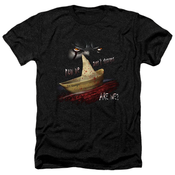 Charcoal men's heather t-shirt with IT Now We Arent Strangers graphic