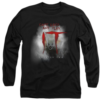 Black men's long sleeve t-shirt with IT Come Back And Play graphic