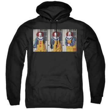 Black pullover hoodie with IT Tv Miniseries Joke graphic