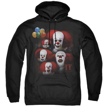 Black pullover hoodie with IT Tv Miniseries Many Faces Of Pennywise graphic