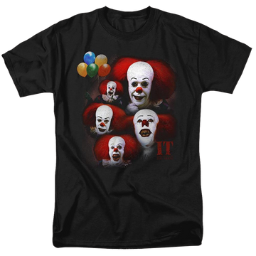 Black men's regular fit t-shirt with IT Tv Miniseries Many Faces Of Pennywise graphic