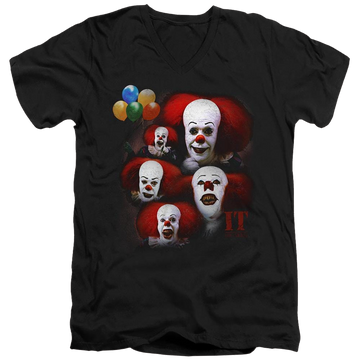 Black men's v-neck t-shirt with IT Tv Miniseries Many Faces Of Pennywise graphic