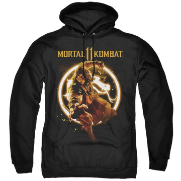 Black pullover hoodie with Mortal Kombat Scorpion Flames graphic