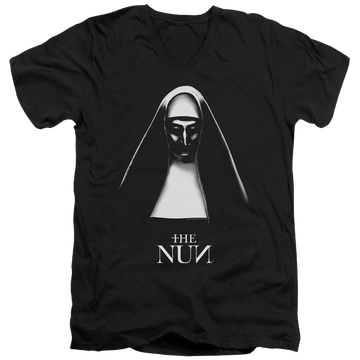 Black men's v-neck t-shirt with The Nun graphic
