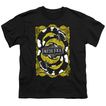 Black youth t-shirt for ages 8 to 12 with Beetlejuice We Got Worms graphic