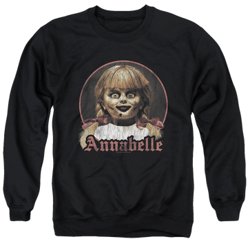 Black men's crewneck sweatshirt with Annabelle Portrait graphic