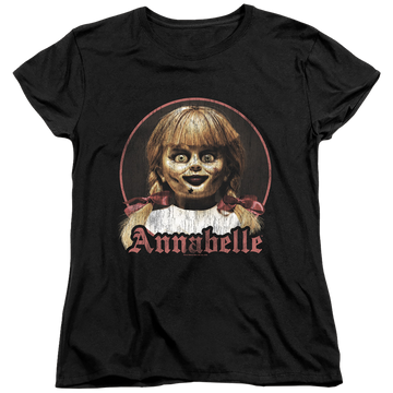 Black women's t-shirt with Annabelle Portrait graphic