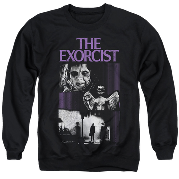 Black men's crewneck sweatshirt with Exorcist What An Excellent Day graphic