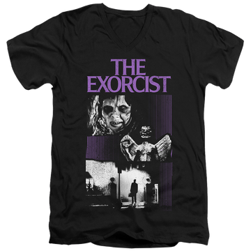 Black men's v-neck t-shirt with Exorcist What An Excellent Day graphic