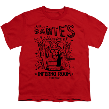 Red youth t-shirt for ages 8 to 12 with Beetlejuice Dantes Inferno Room graphic