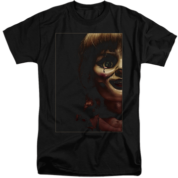 Black men's tall fit t-shirt with Annabelle Doll Tear graphic