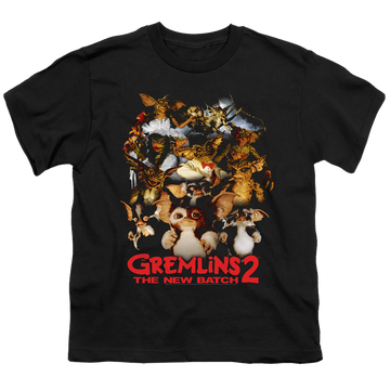 Black youth t-shirt for ages 8 to 12 with Gremlins Goon Crew graphic