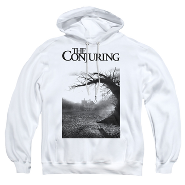 White pullover hoodie with Conjuring Poster graphic