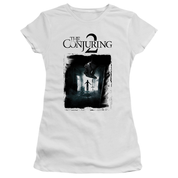 White juniors t-shirt with Conjuring Poster graphic