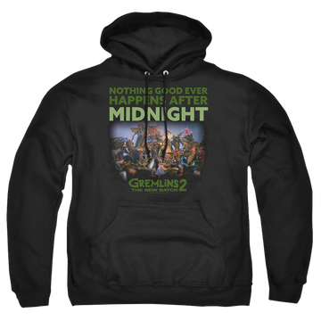 Black pullover hoodie with Gremlins After Midnight graphic