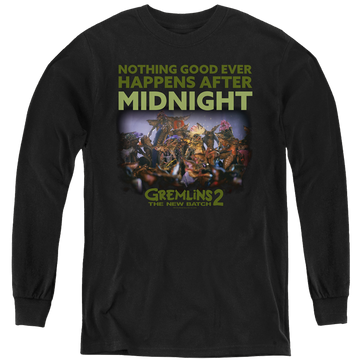 Black youth long sleeve t-shirt with Gremlins After Midnight graphic