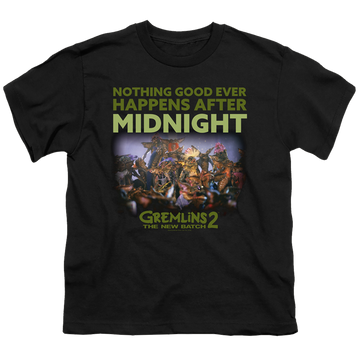 Black youth t-shirt for ages 8 to 12 with Gremlins After Midnight graphic