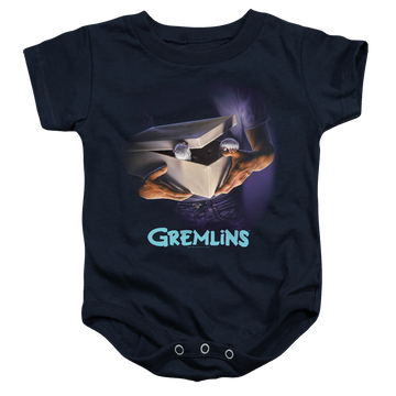 Navy baby bodysuit with Gremlins Original Poster graphic