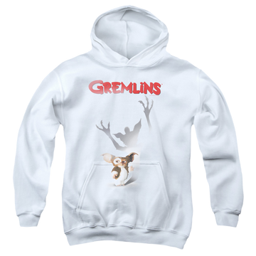 White youth hoodie for ages 8 to 12 with Gremlins Shadow graphic
