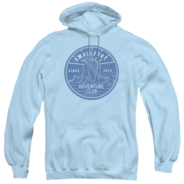 Light blue pullover hoodie with Smallfoot Adventure Club graphic
