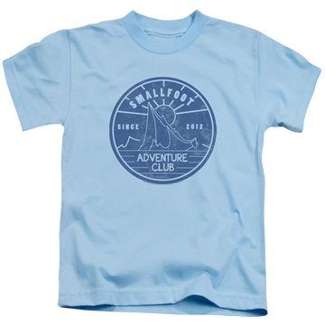Light blue kid's t-shirt for ages 4 to 7 with Smallfoot Adventure Club graphic