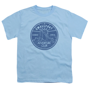Light blue youth t-shirt for ages 8 to 12 with Smallfoot Adventure Club graphic