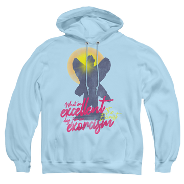 Light blue pullover hoodie with Exorcist Pazuzu graphic