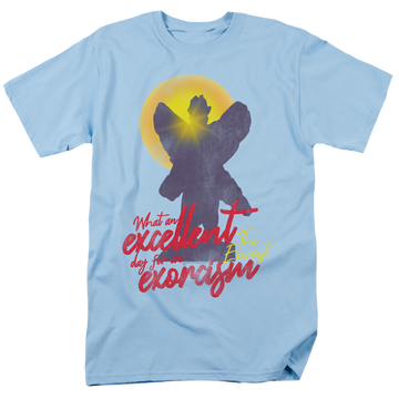 Light blue men's regular fit t-shirt with Exorcist Pazuzu graphic
