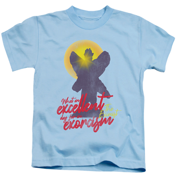 Light blue kid's t-shirt for ages 4 to 7 with Exorcist Pazuzu graphic