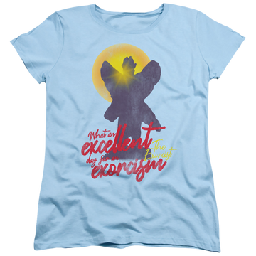 Light blue women's t-shirt with Exorcist Pazuzu graphic