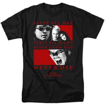 Black men's regular fit t-shirt with Lost Boys Never Die graphic