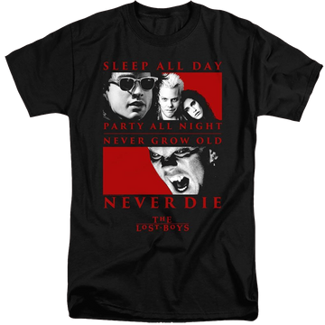 Black men's tall fit t-shirt with Lost Boys Never Die graphic
