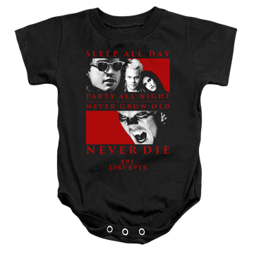 Black baby bodysuit with Lost Boys Never Die graphic