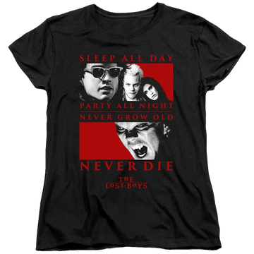 Black women's t-shirt with Lost Boys Never Die graphic