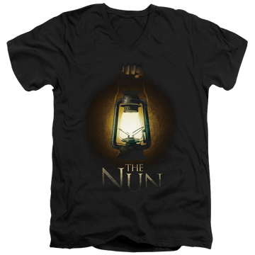 Black men's v-neck t-shirt with NUN Lantern graphic