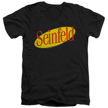 Black men's v-neck t-shirt with Seinfeld Logo graphic