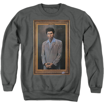 Charcoal men's crewneck sweatshirt with Seinfeld Kramer Portrait graphic
