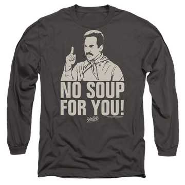 Charcoal men's long sleeve t-shirt with Seinfeld No Soup graphic