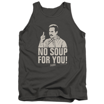 Charcoal men's tank with Seinfeld No Soup graphic