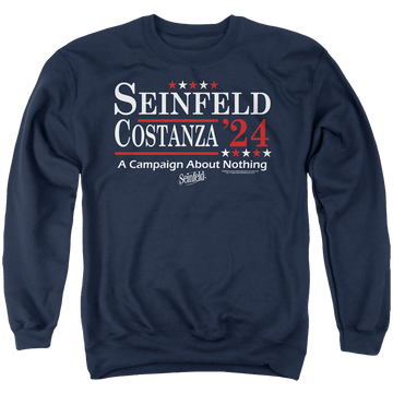 Navy men's crewneck sweatshirt with Seinfeld Election Tee graphic